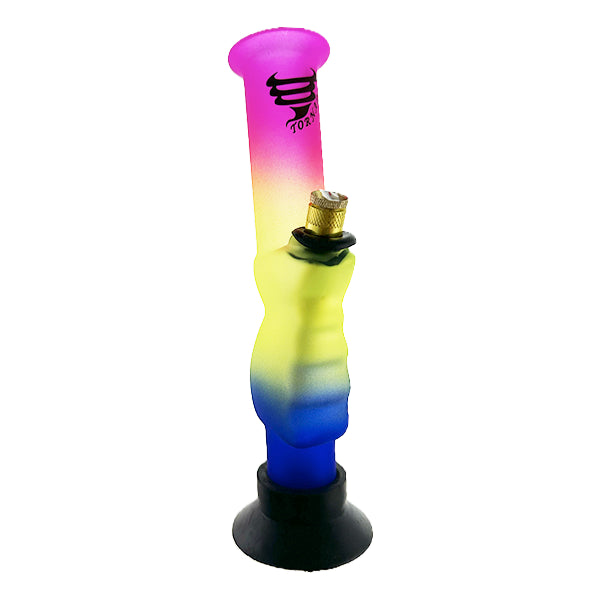 A multicolored, rainbow-striped glass gripper for pipes, featuring a base for stability and a logo on the top.