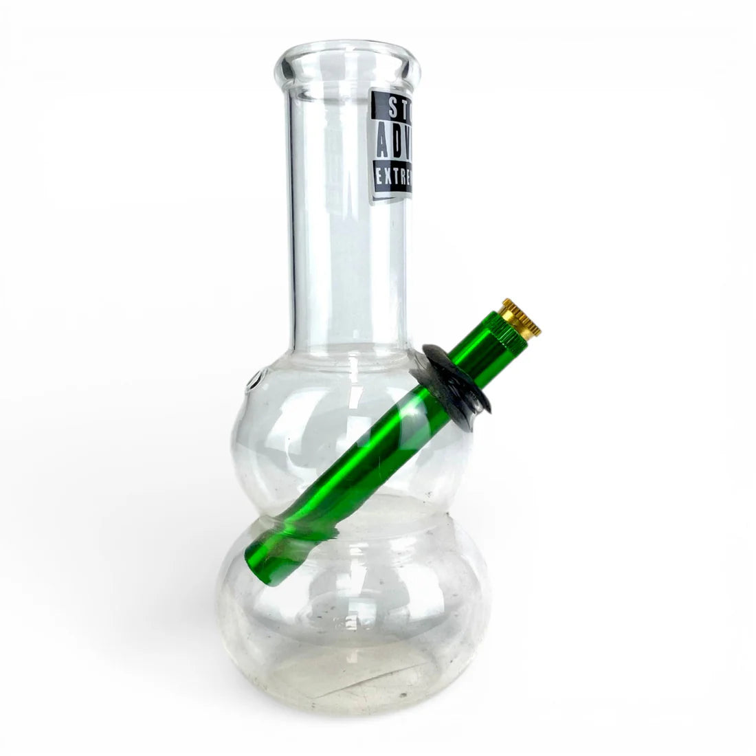 Clear glass smoking device with green accent on a white background