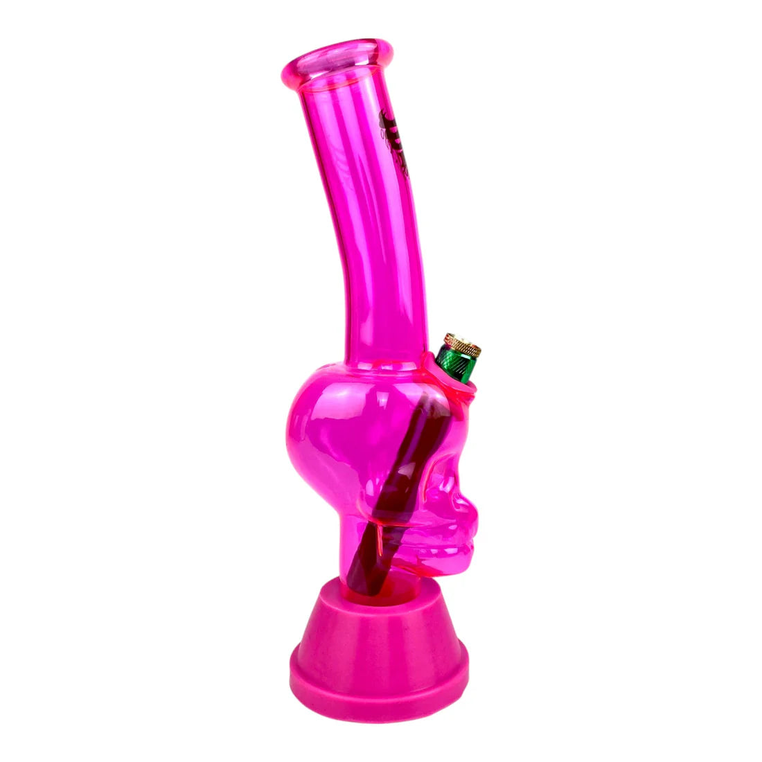 Pink glass water pipe on a white background
A pink silicone bong with a skull design and a silicone base.