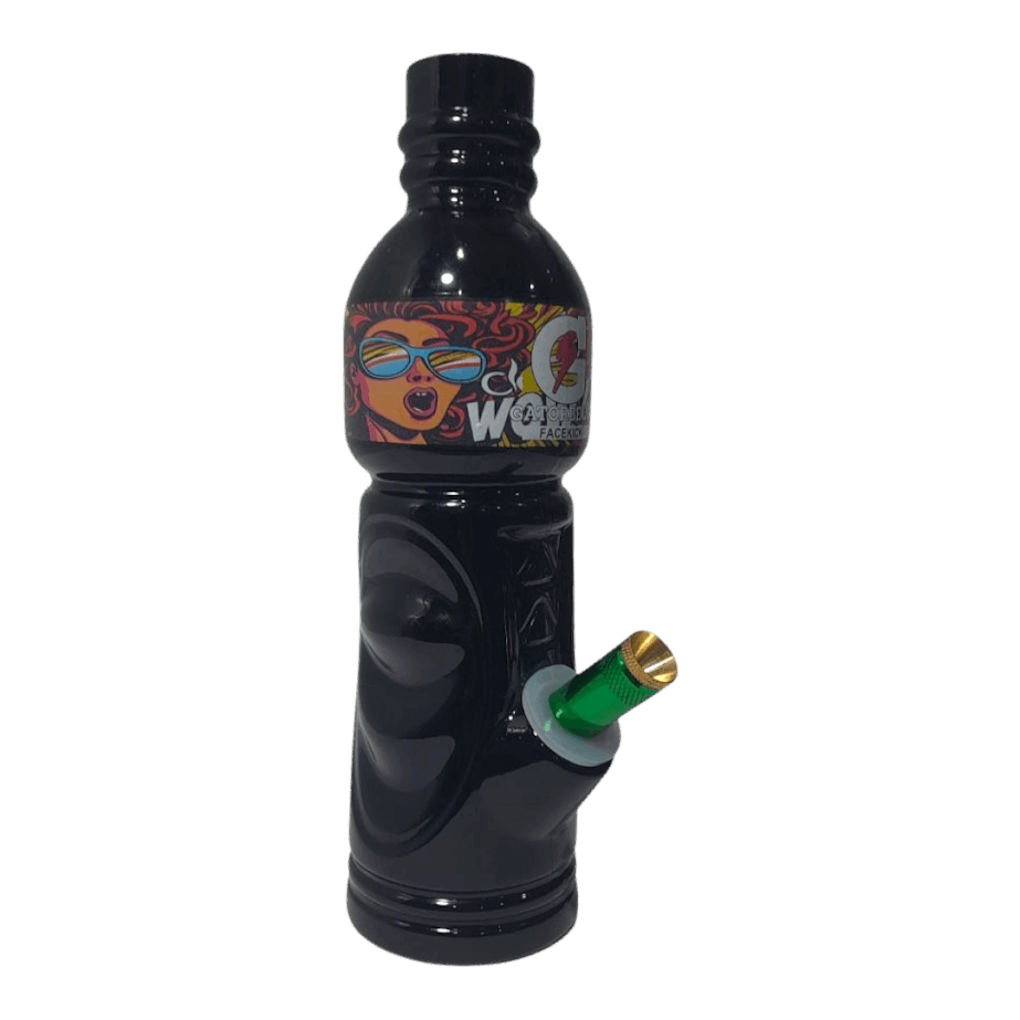 Black bottle with colorful label and green nozzle on a white background