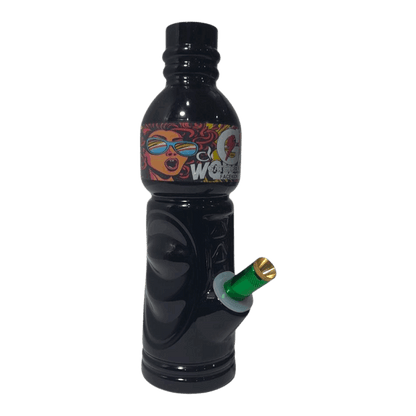 Black bottle with colorful label and green nozzle on a white background