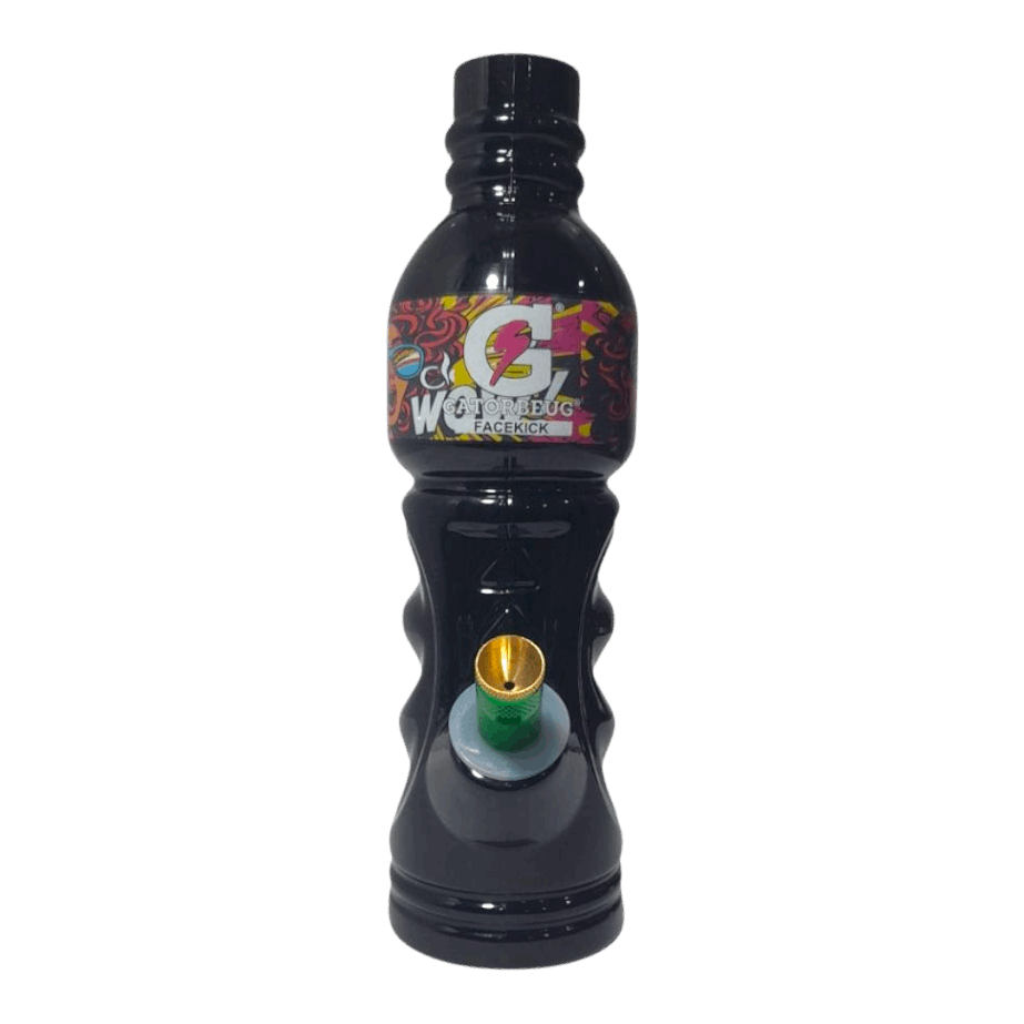 Black Gatorade bottle with colorful label on a white background