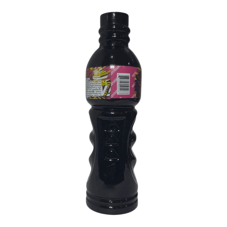 Black bottle with a colorful label on a white background