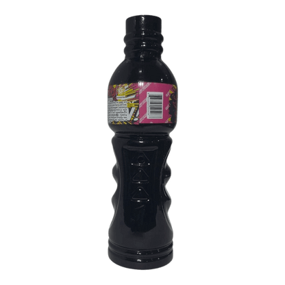 Black bottle with a colorful label on a white background
