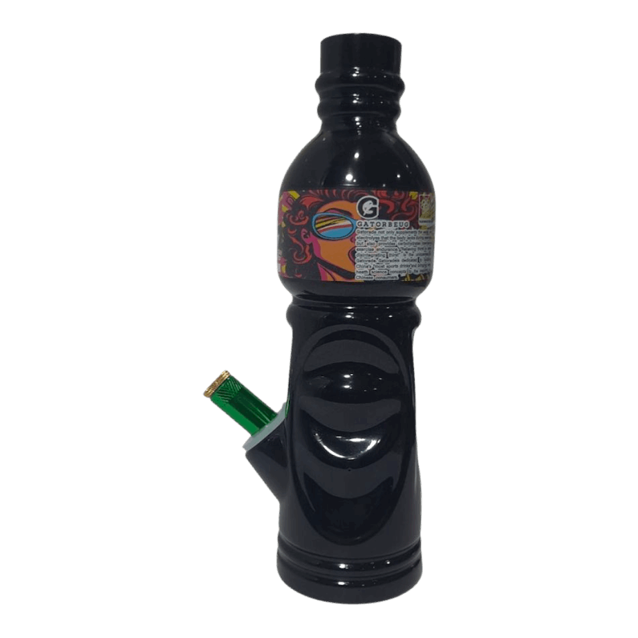 Black bottle with colorful label on a white background