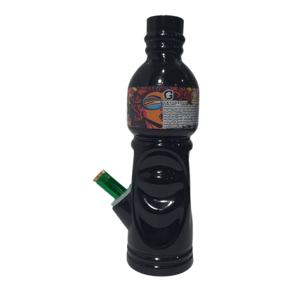 Black bottle with colorful label on a white background
