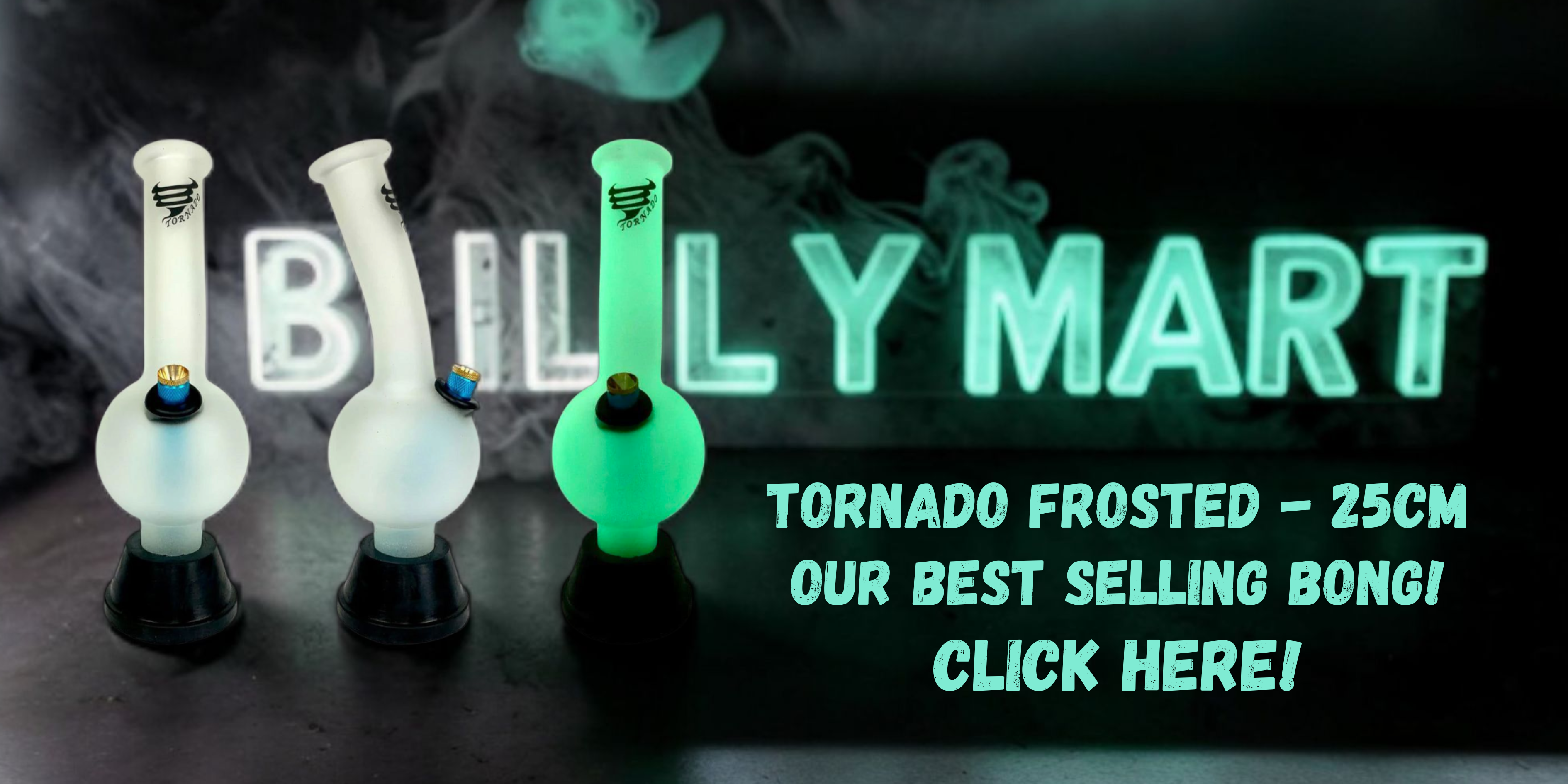 Three bongs with Billy Mart branding on a dark background