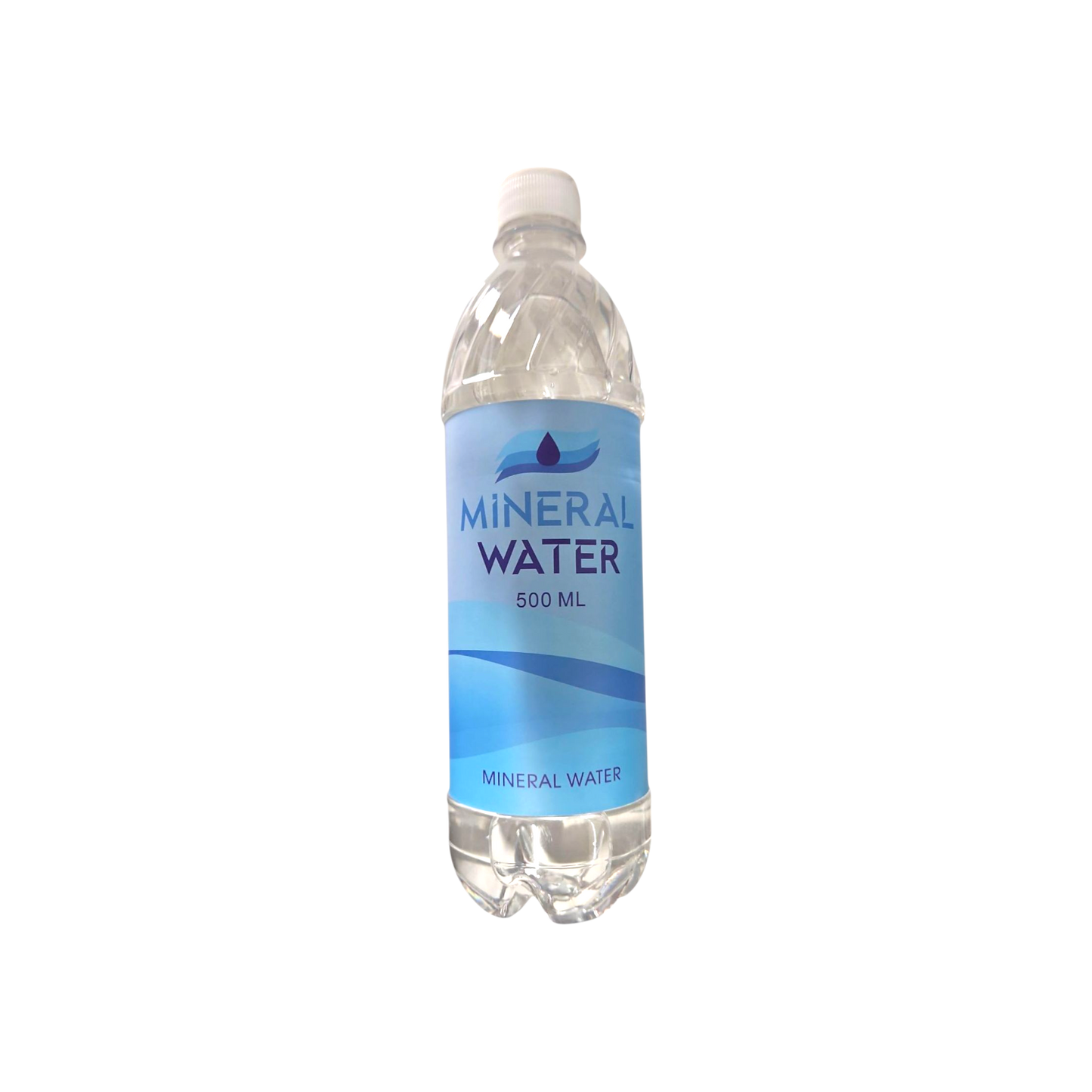 Bottle of mineral water with a blue label on a white background