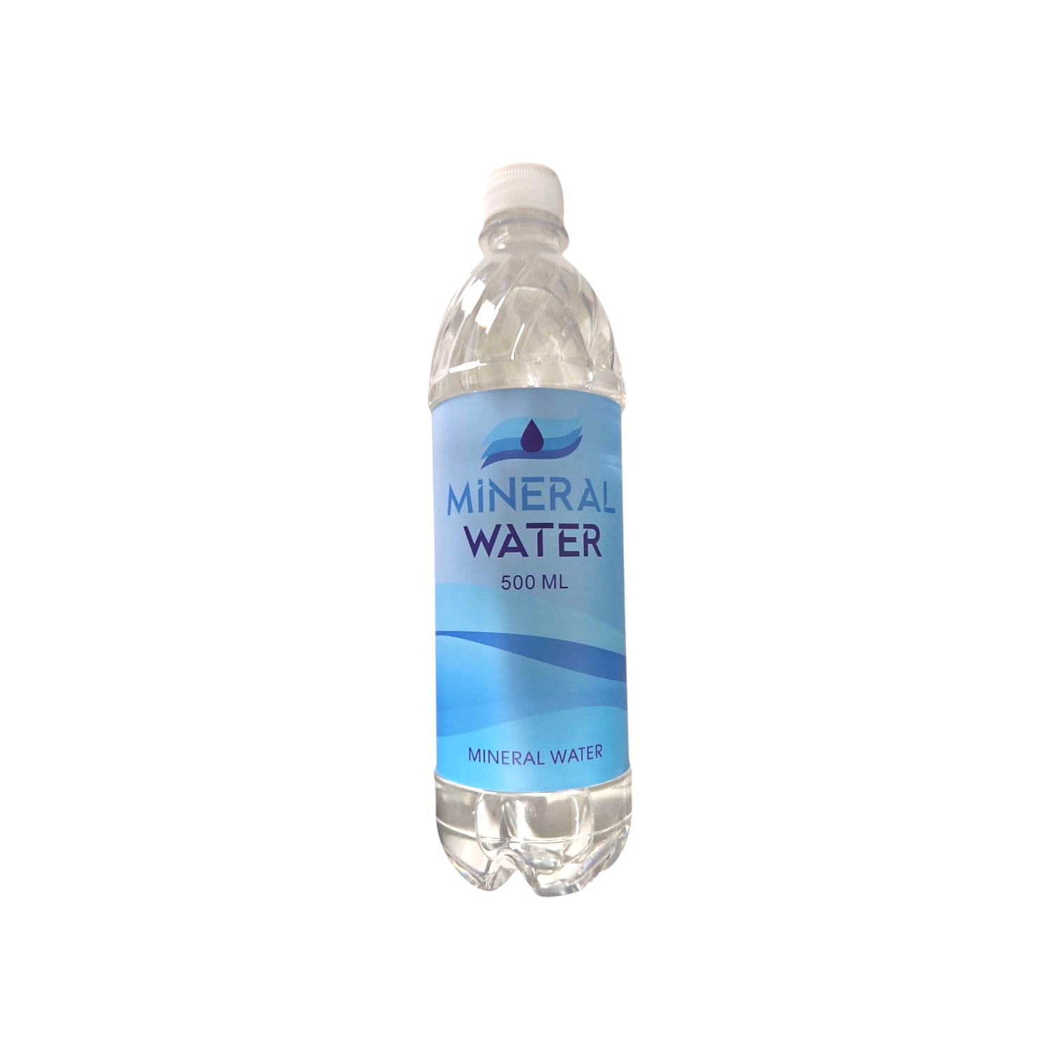 Bottle of mineral water with a blue label on a white background