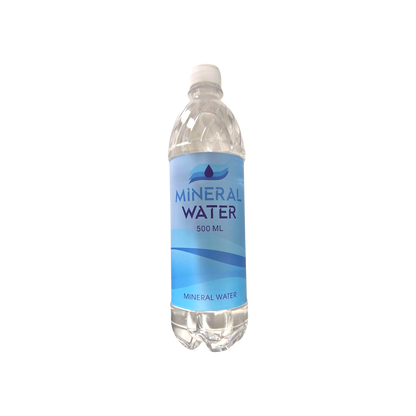 Bottle of mineral water with a blue label on a white background