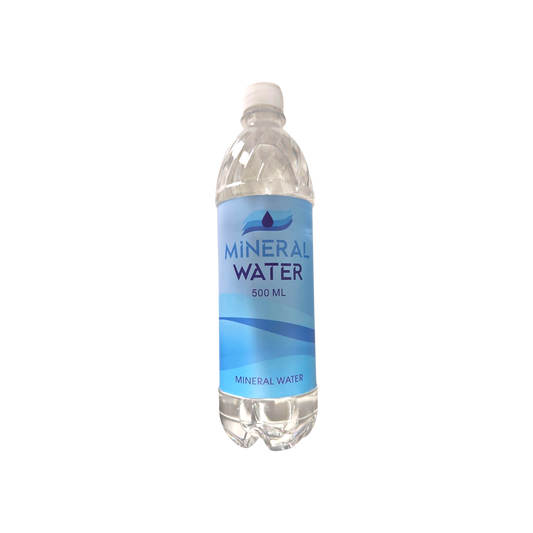 Bottle of mineral water with a blue label on a white background