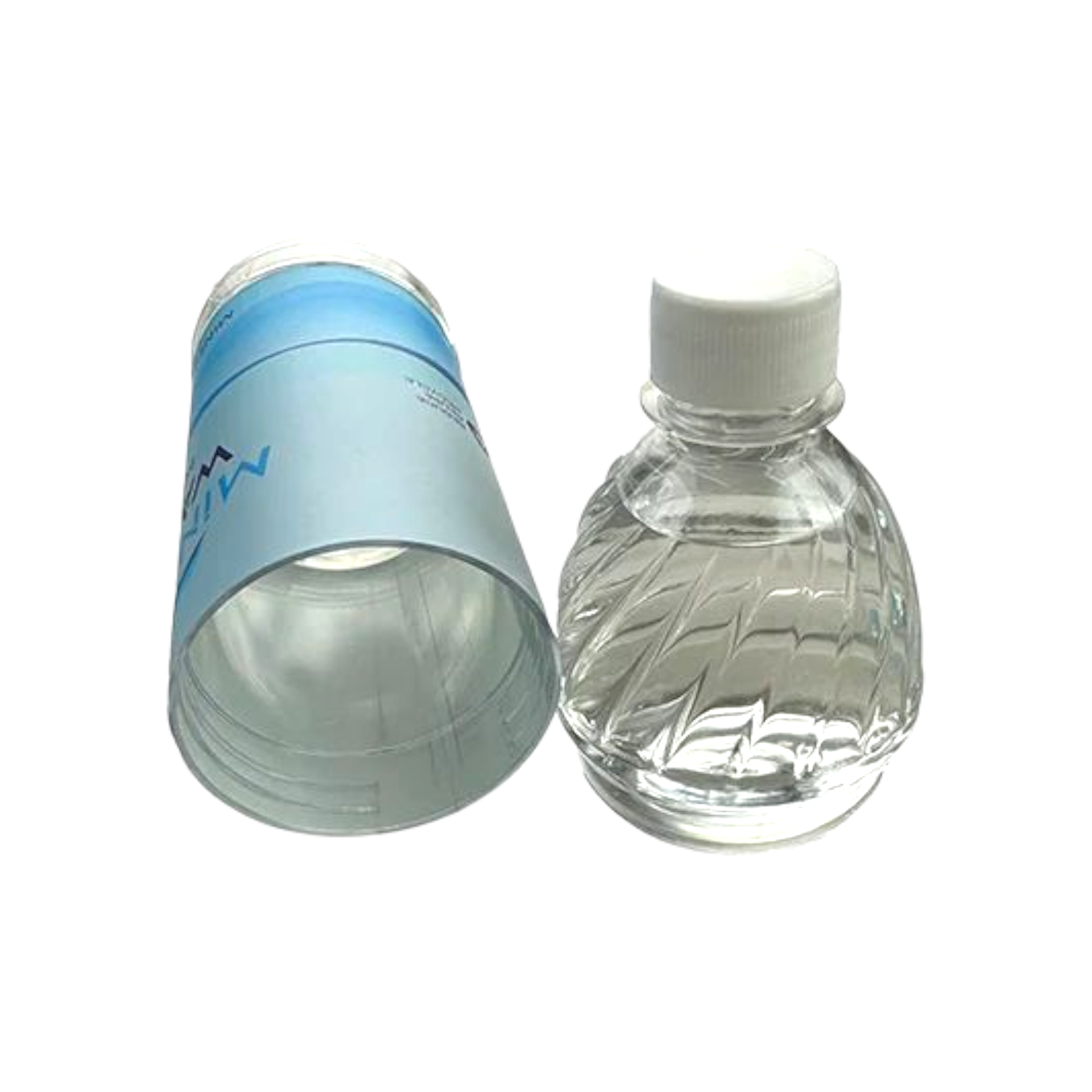 Clear water bottle with a white cap on a white background