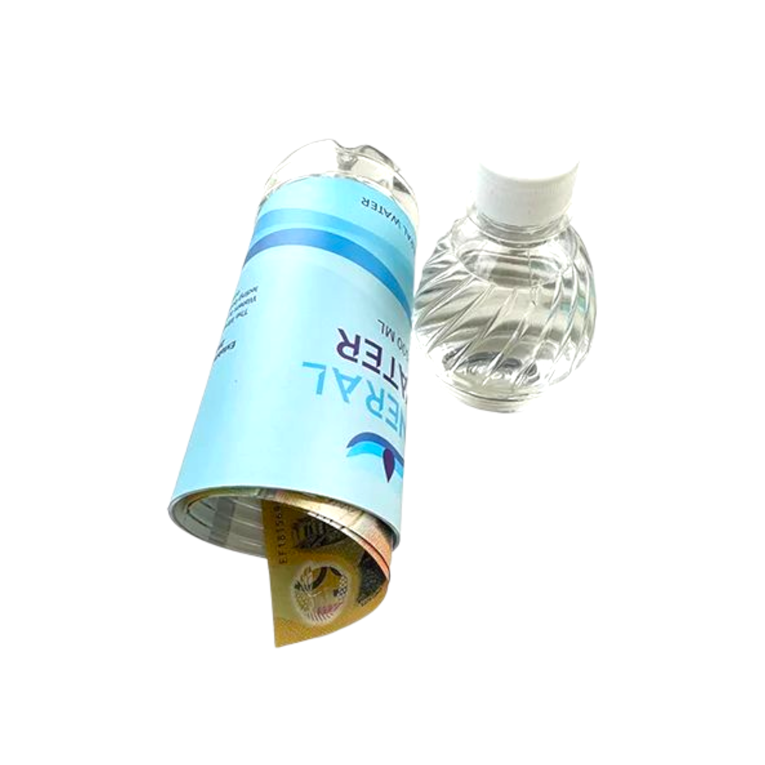 Water filter cartridge next to a clear water bottle on a white background