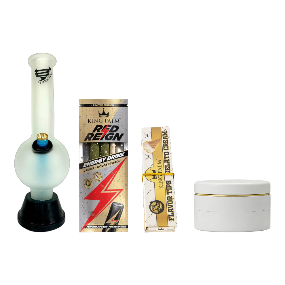 Collection of King Palm products including a glass pipe, energy drink box, and cream container on a white background.