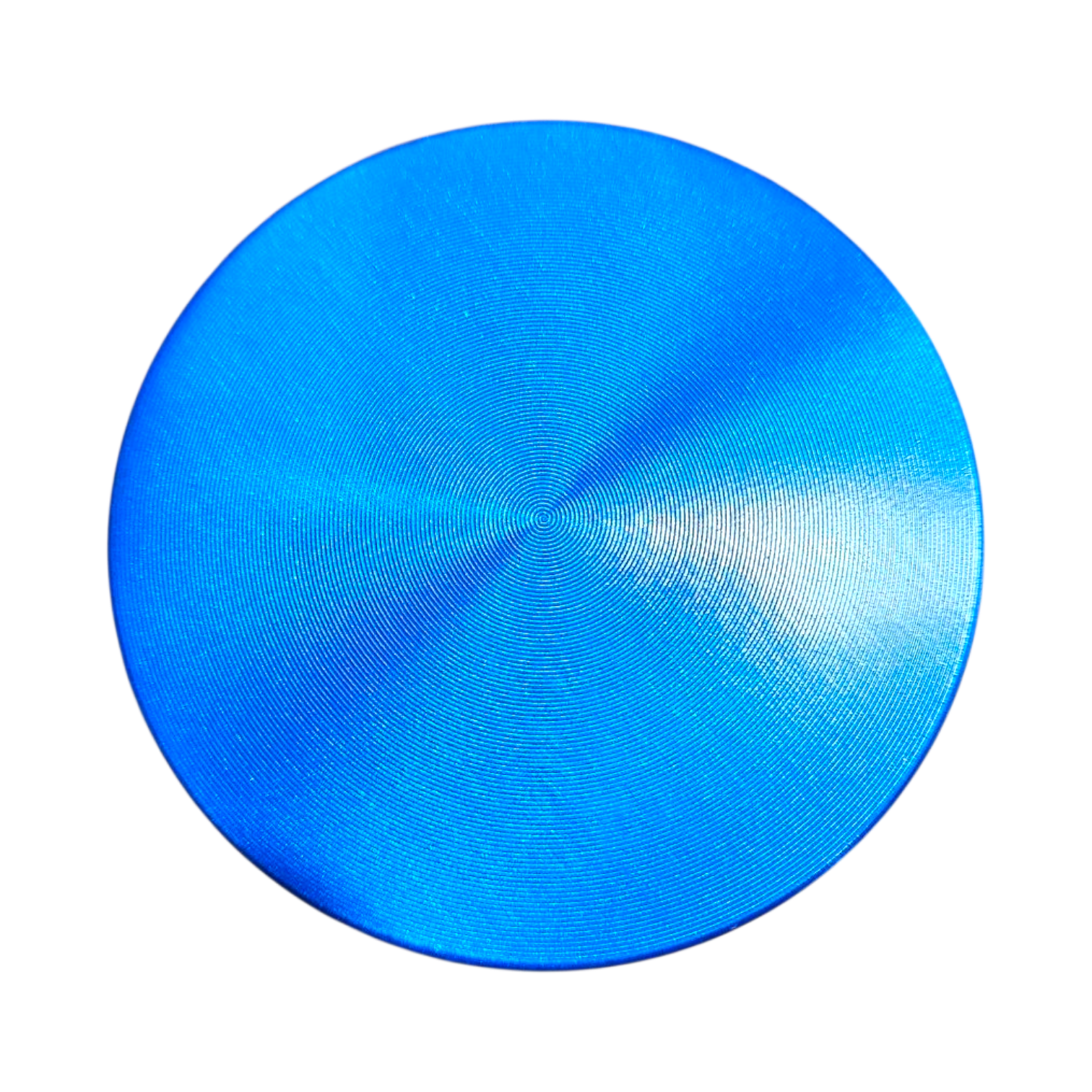 Blue circular object with a textured surface on a white background