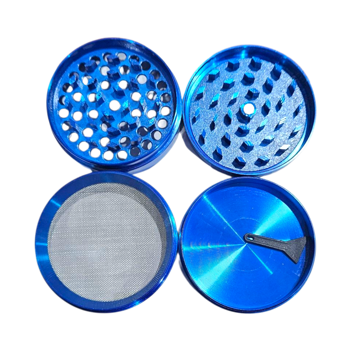 Blue metal grinder with four parts on a white background