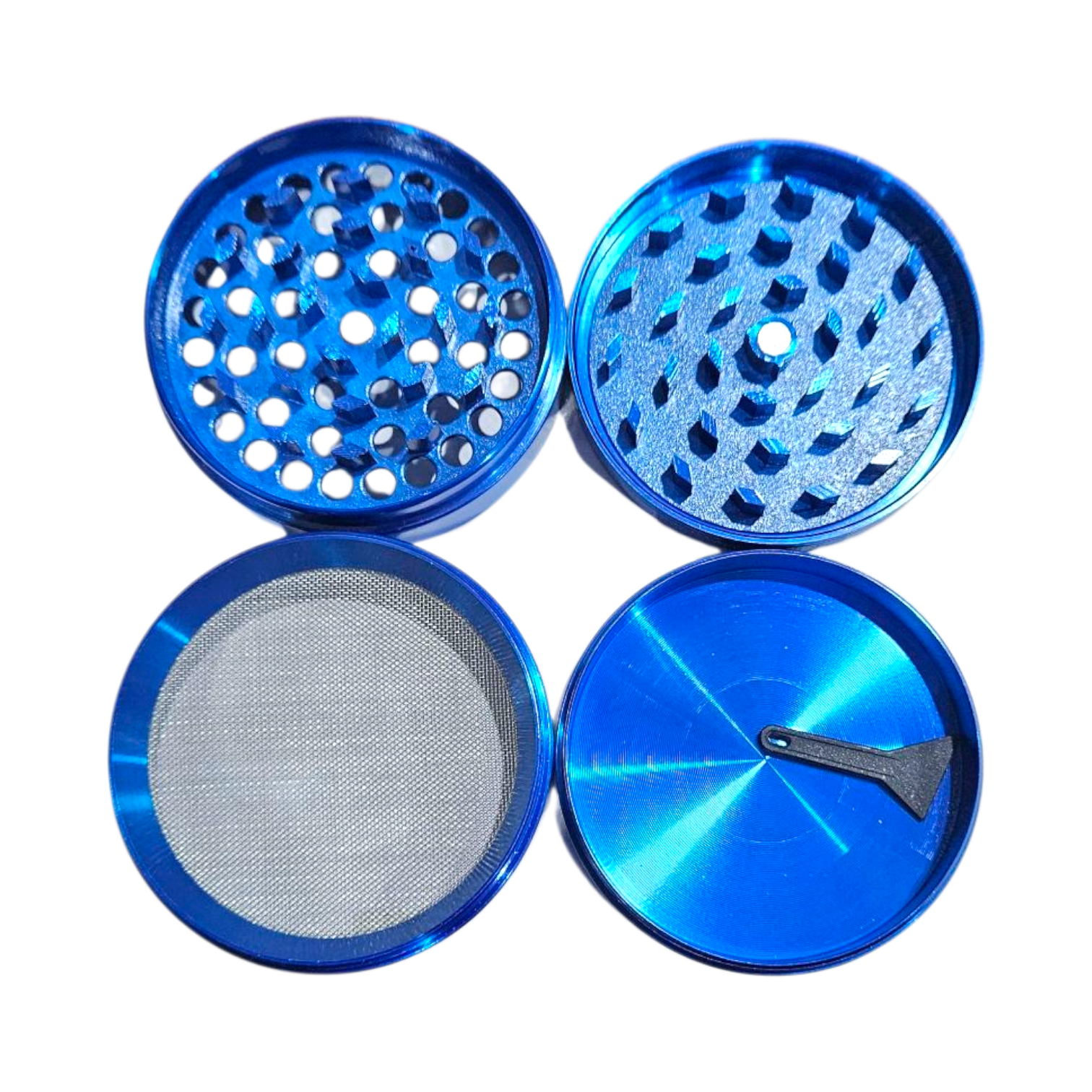 Blue metal grinder with four parts on a white background