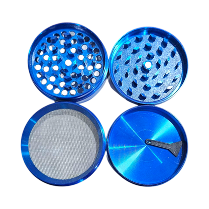 Blue metal grinder with four parts on a white background