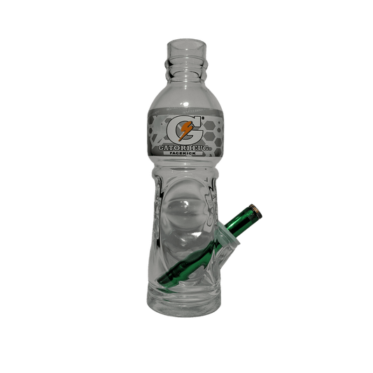 Glass water bottle with green straw attachment featuring Gatorade logo on a white background