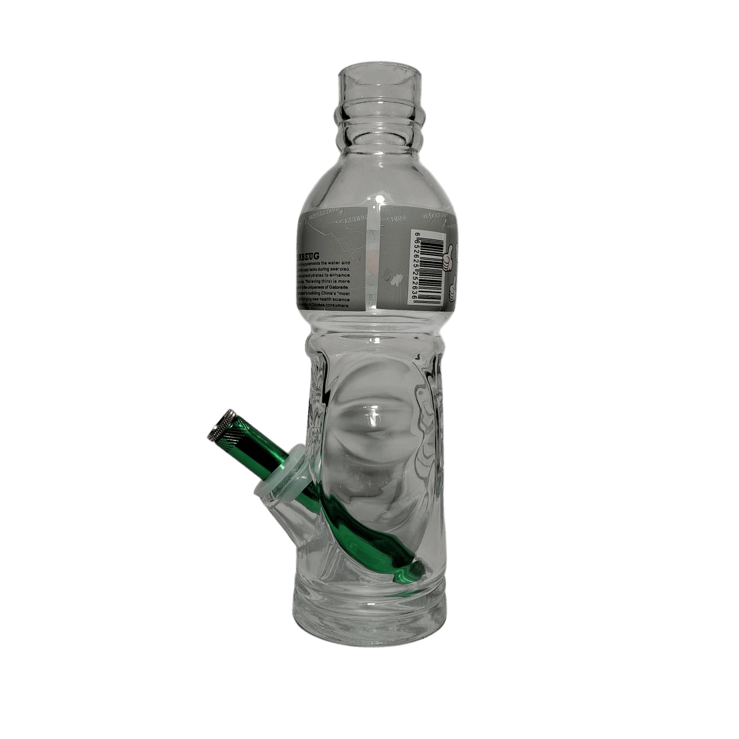 A clear water bottle with a green metal stem attached to it.