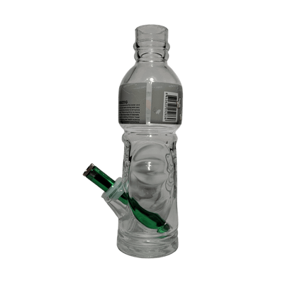 A clear water bottle with a green metal stem attached to it.