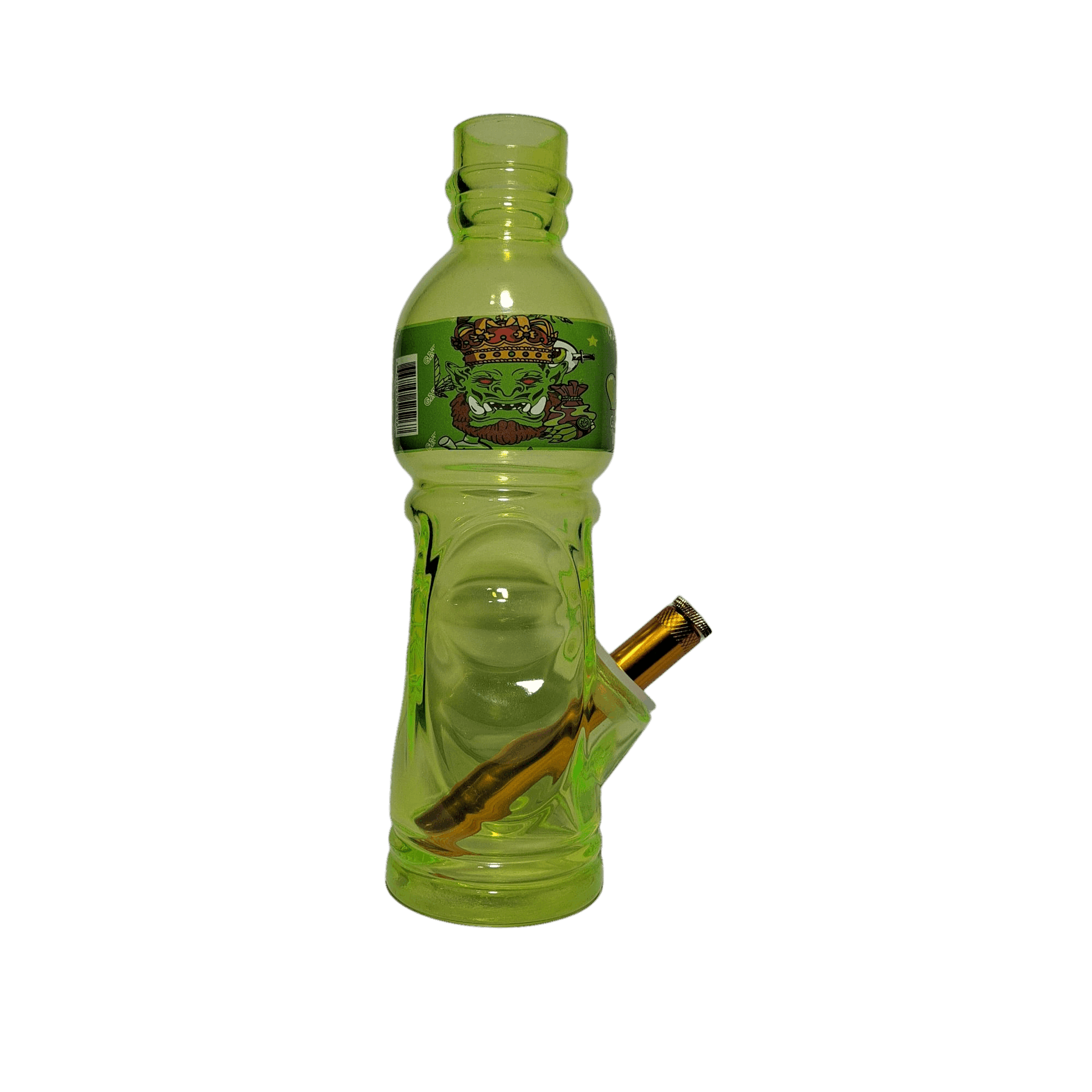 Green bottle-shaped water pipe with a face design on a white background