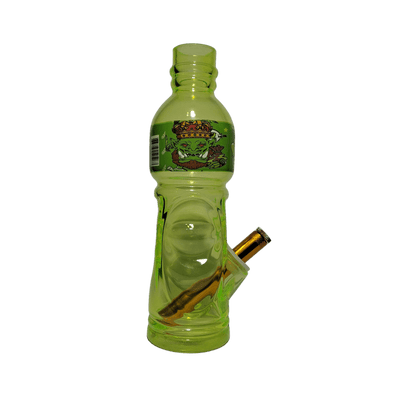 Green bottle-shaped water pipe with a face design on a white background