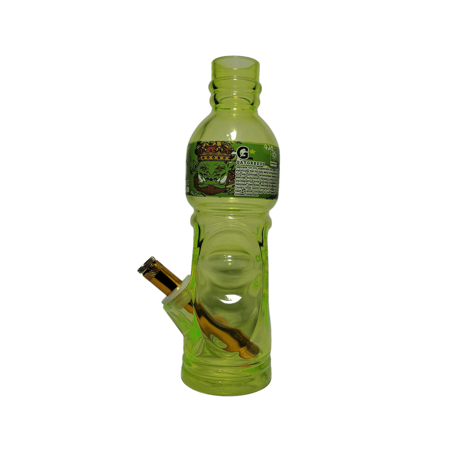 Green bottle modified into a smoking device on a white background