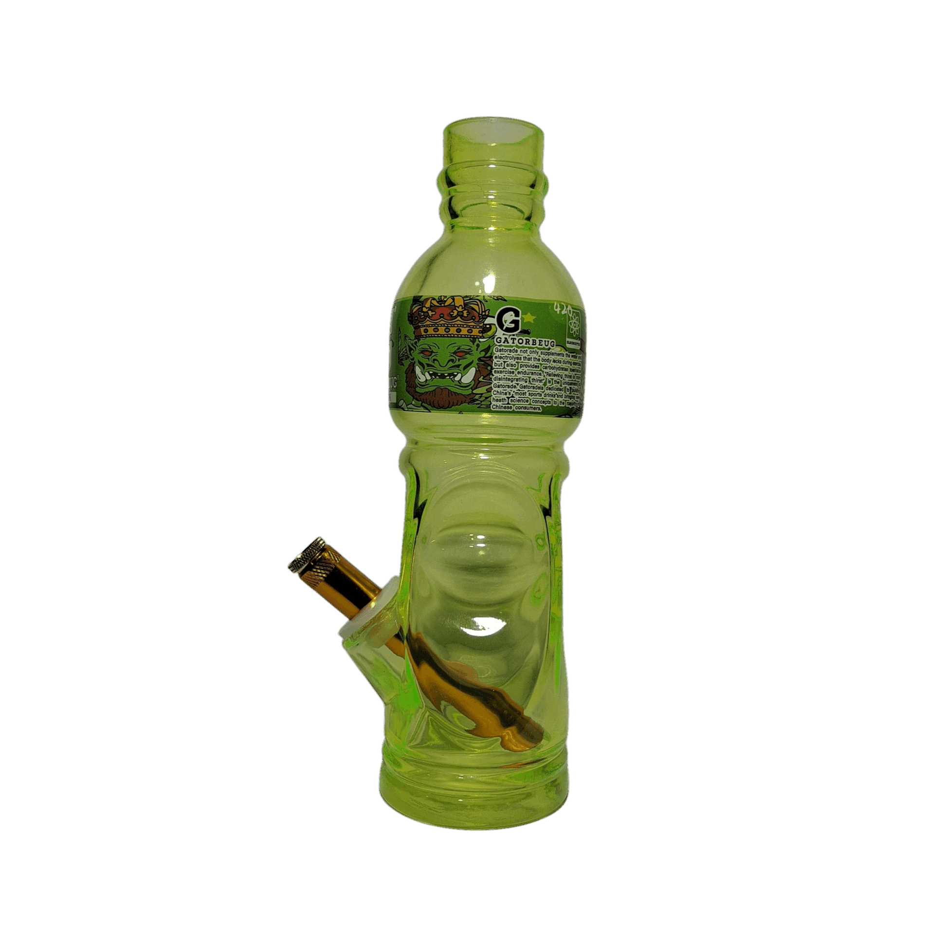 Green bottle modified into a smoking device on a white background