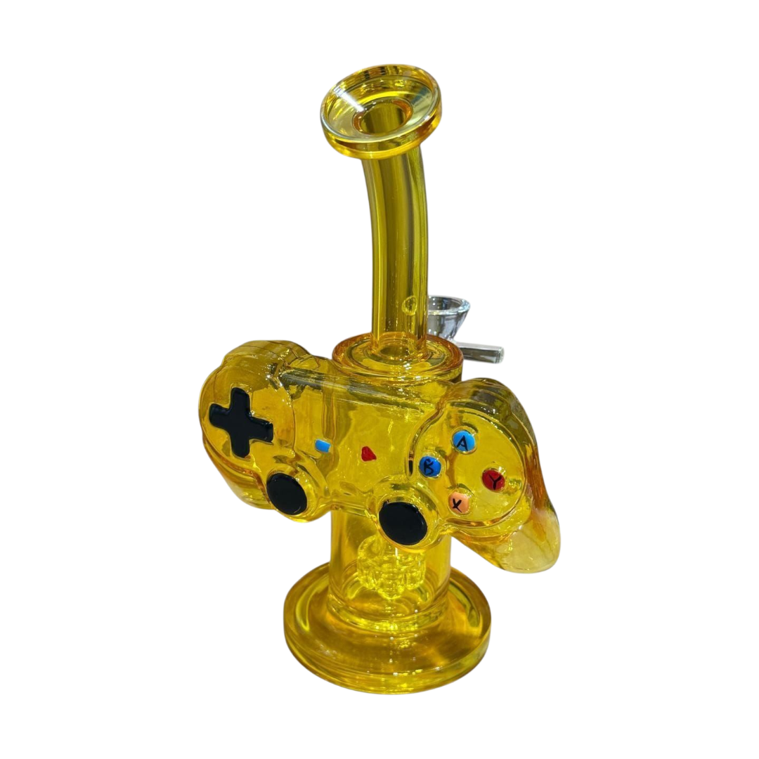 Yellow glass pipe shaped like a game controller on a white background
BILLYMART Controller Bong #2 | BillyMart Australia