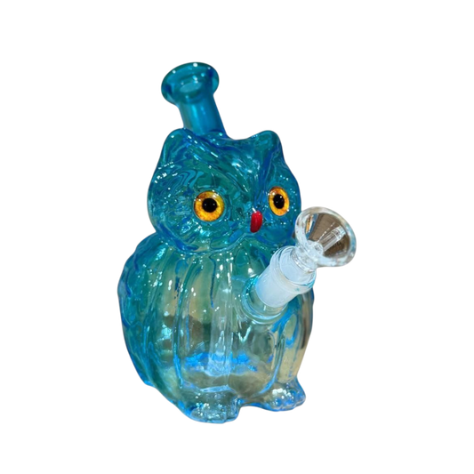 Blue glass owl-shaped smoking accessory on a white background
