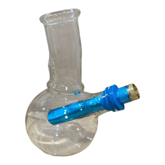 Clear glass smoking device with blue accent on a white background