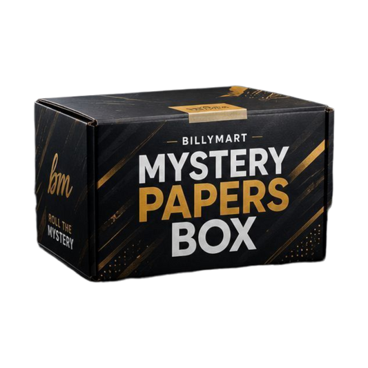 Black box labeled 'Billymart Mystery Papers Box' with gold accents on a white background