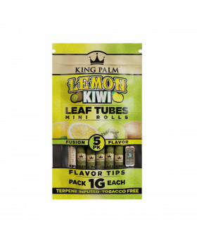 Packaging for King Palm Lemon Kiwi Mini rolls, displaying the product name, image of a lemon and a kiwi, and the flavor tips. The pack is predominantly yellow with green accents.