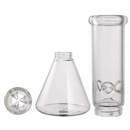 Three clear glass smoking accessories on a white background