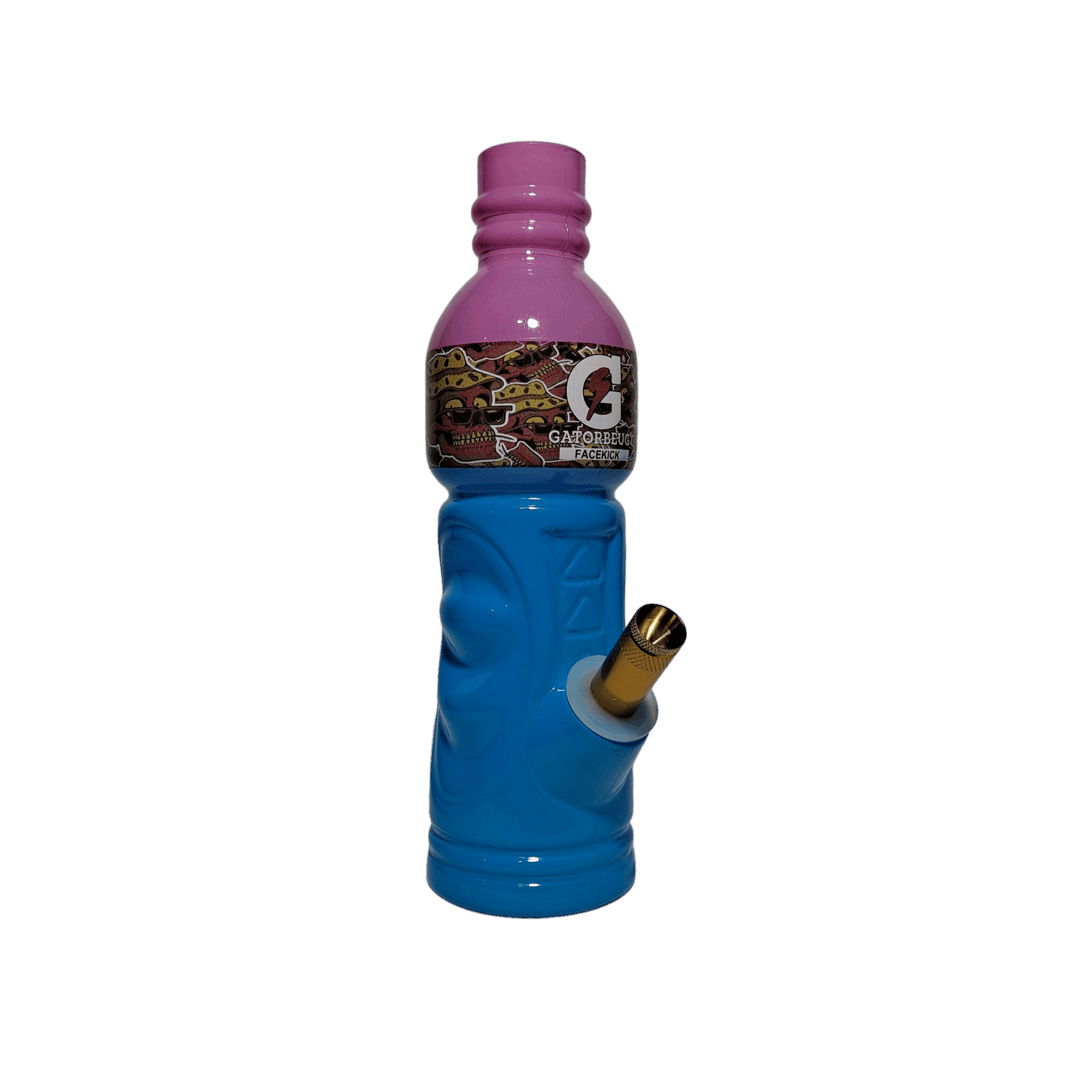 Blue and pink bottle modified into a hookah with a visible brand label on a white background