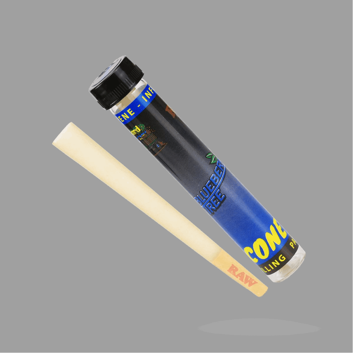 Raw rolling paper tube with a single unrolled sheet on a gray background