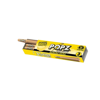 A pack of KING PALM POPZ Banana Rama with three pieces of tobacco pouches visible in a yellow and black color scheme.