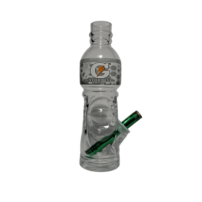 Glass water bottle with green straw attachment featuring Gatorade logo on a white background