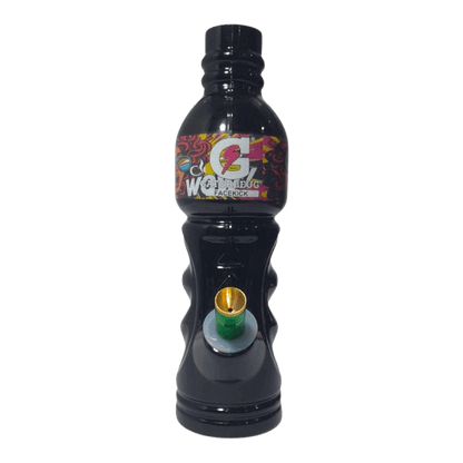 Black Gatorade bottle with colorful label on a white background