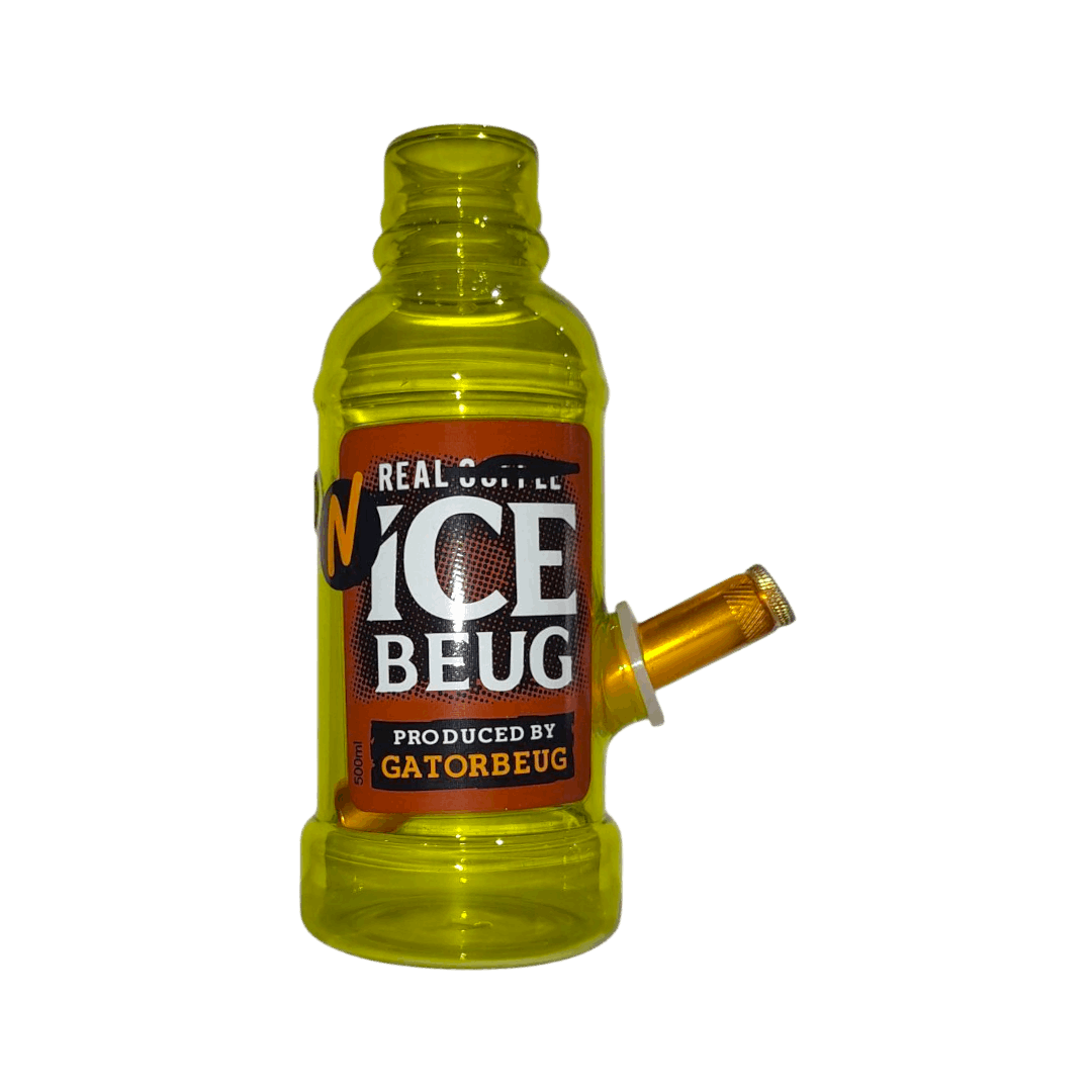 Yellow bottle with a label reading 'ICE BEUG' on a white background