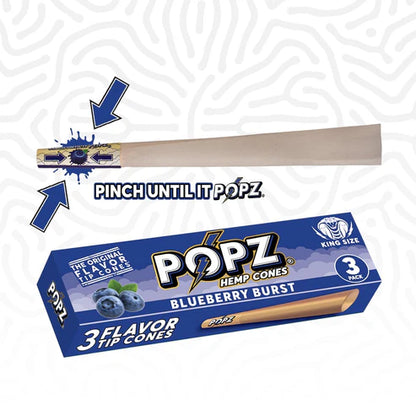Box of POPZ Hemp Cones with blueberry flavor on a white background