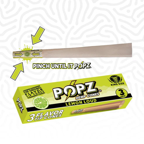 Box of Popz Hemp Cones with a lighter and text on a white background