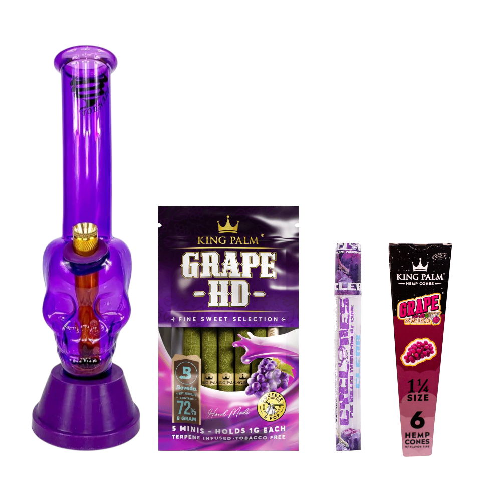 Purple smoking device with King Palm Grape HD packaging on a white background