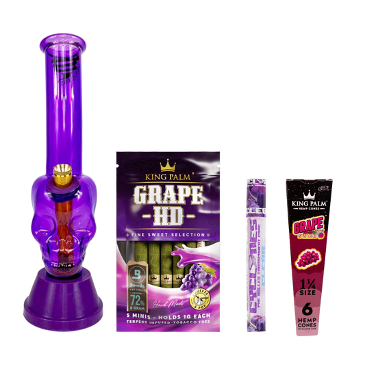 Purple smoking device with King Palm Grape HD packaging on a white background
