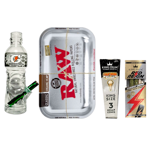 $65 Clear Gato & RAW Tray Bundle featuring a 23cm clear glass bong, RAW Silver rolling tray, King Palm California Cream pre-rolls, and King Palm Mini Red Reign