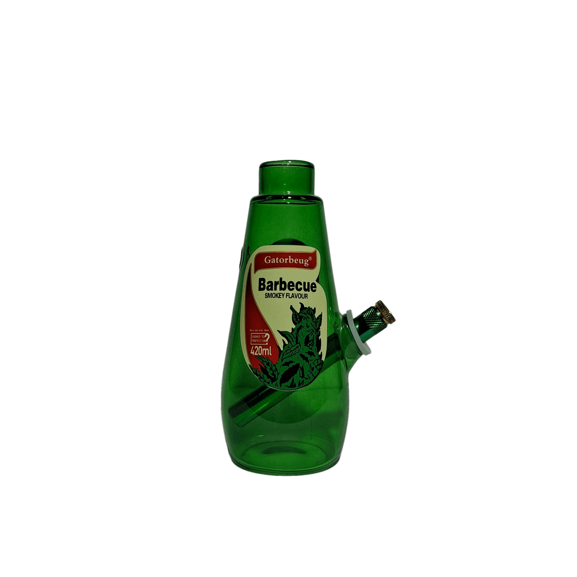 Green bottle with barbecue flavor label on a white background
