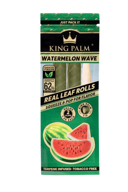 Packaging for KING PALM Watermelon Wave Slim rolling papers, featuring images of watermelon slices and the product's details.