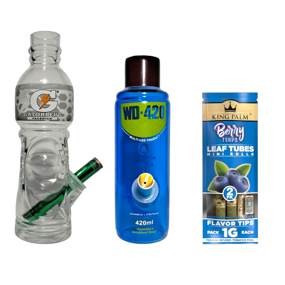 Three products on a white background: a glass water pipe, a blue bottle labeled WD-420, and a King Palm Berry Terps product.