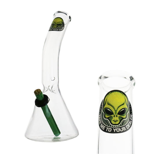 This image features a distinctive 30cm angled beaker, designed for practical use in scientific or laboratory settings. The beaker is made of clear glass, allowing for easy viewing of contents and is adorned with a unique alien-themed design, featuring a green logo and a stylized alien illustration.